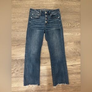 American Eagle High Rise Button Fly Jeans Size 6 Raw Hem Stretch Denim